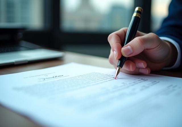 Close up of a legal professional reviewing a complex contract with a red pen in London City office