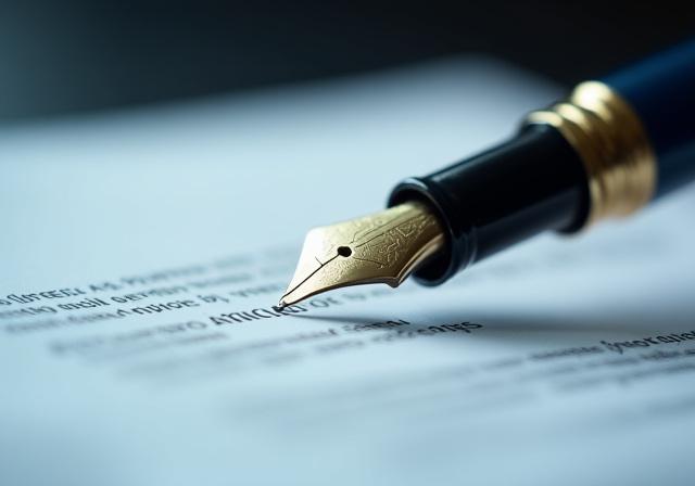 Close up of a fountain pen rested on a meticulously drafted legal contract